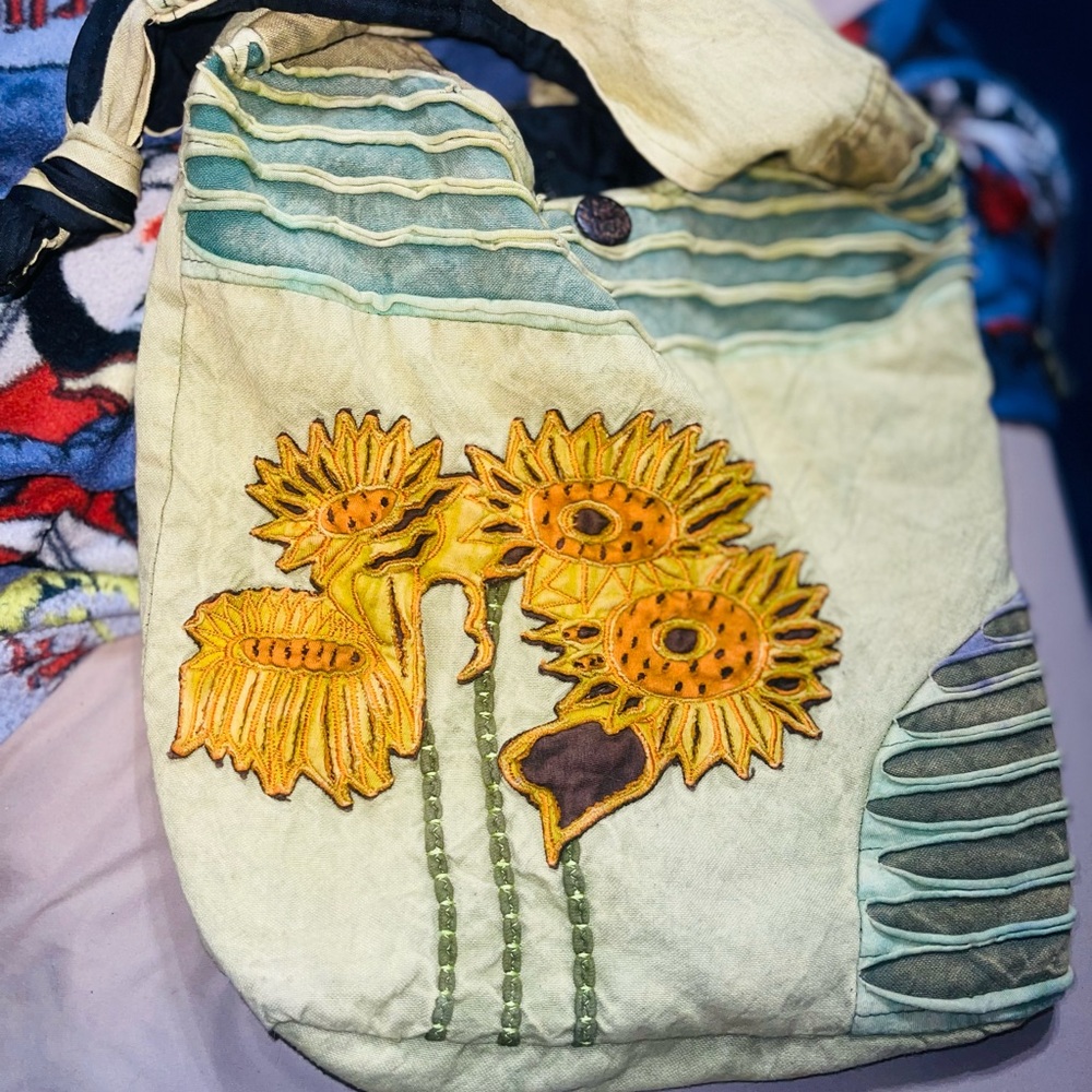 Yellow and Green Shoulder Bag with Sunflower Design